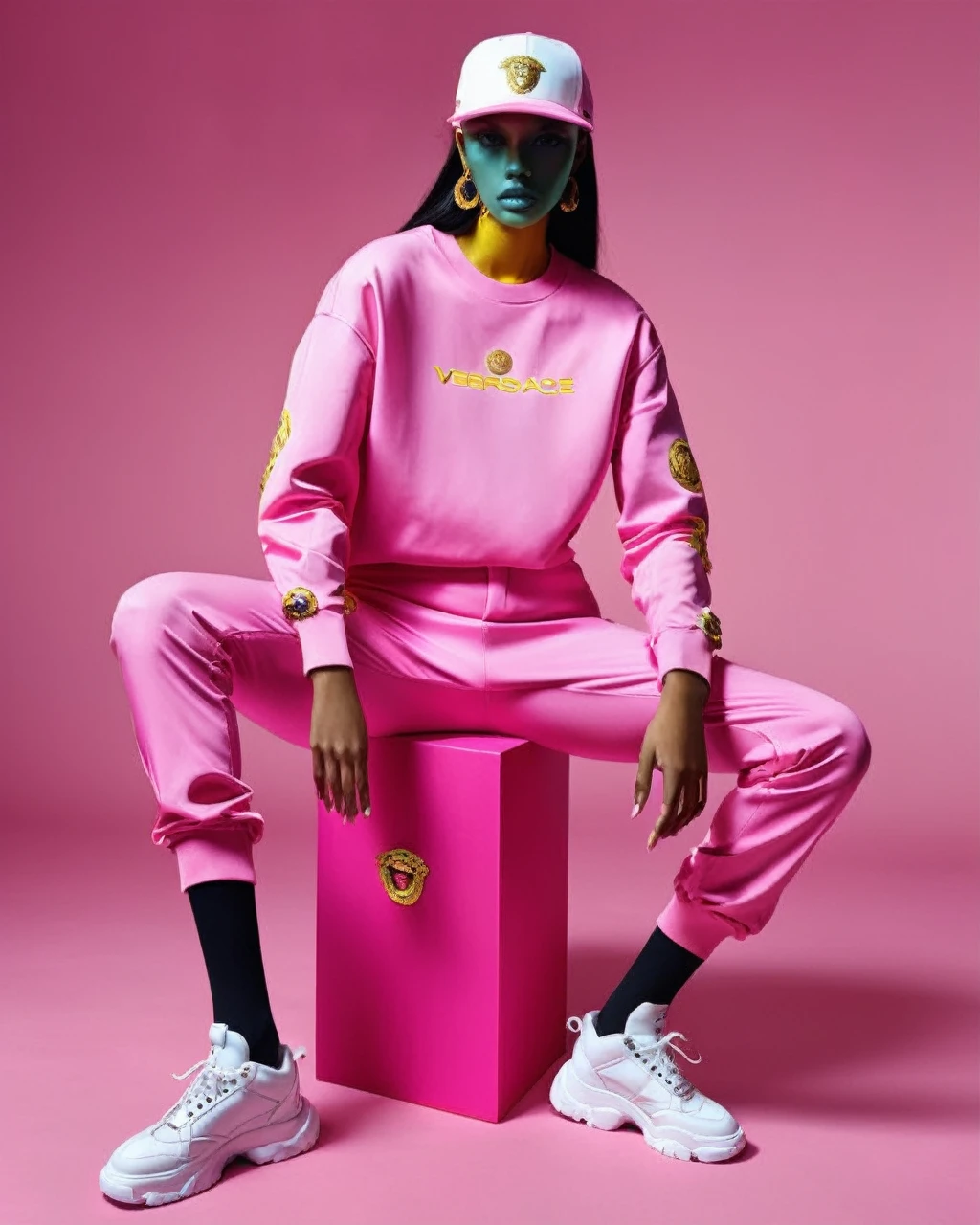 a model wear ovzrsize suit of pink color, inside white t-shirt, posing for a picture, baseball hat,Edit pictures, high resolution, Edit photos, Official Versace Editor,wear ovzrsize suit,Balenciaga concept fashion photo ,