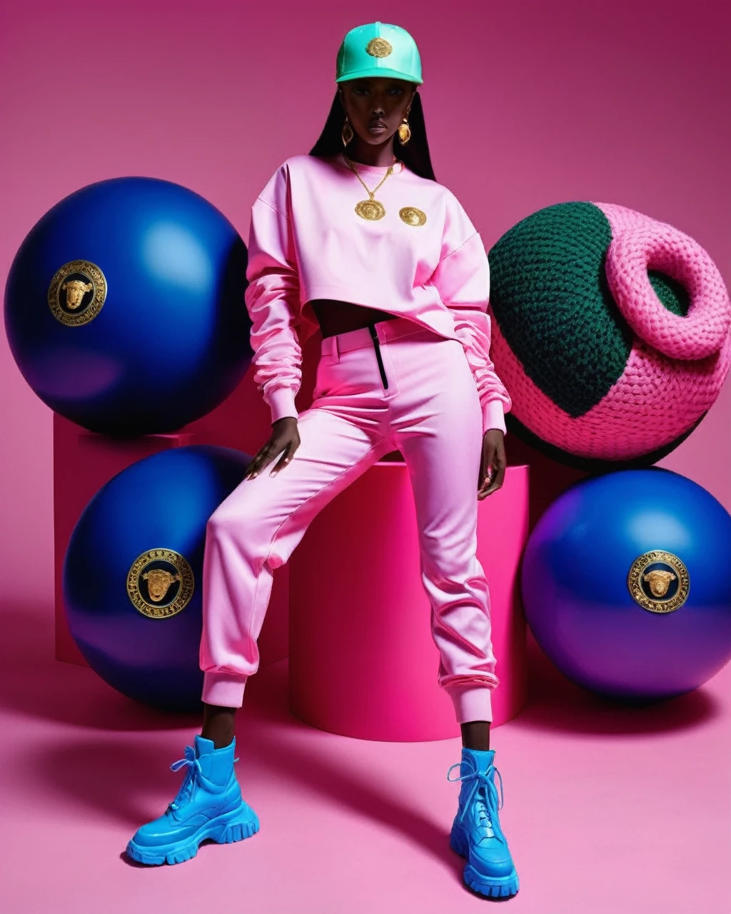 a model wear ovzrsize suit of pink color, inside white t-shirt, posing for a picture, baseball hat,Edit pictures, high resolution, Edit photos, Official Versace Editor,wear ovzrsize suit,Balenciaga concept fashion photo ,