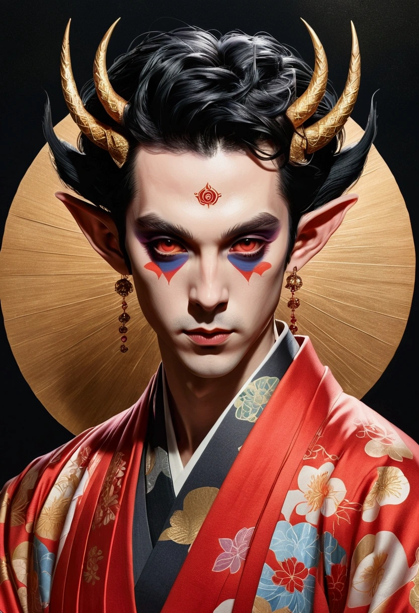 Digital board painting,Flat coating,Thick coating,Dark illustration,(((1 Prince,独奏,third eye on the forehead,Dark eyeshadow.Elf ears))),(((Japanese robe kimono:1.6))).solemn,majesty,momentum,whole body,black and gold,red