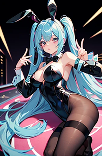 high quality,best quality,masterpiece,4k,8k,(((black bunny girl costume girl))),black bunnygirl suit,high leg costume,groin covered with black pantyhose,show off groin covered with black pantyhose,costume with white collar,eighteen years old girl,great figure,large breasts,blight pink bowtie,looking at viewer,light blue hair,pale pink inner hair color,length to shoulder twin tail hairstyle,black bunny ear headband,((all legs coverd with black pantyhose)),pink water drop sticker under left eye,tongue out a little,dark blue eyes,pink highlight in eyes,"background:girl at casino,lying on roulette table,some casino chips on girl and table