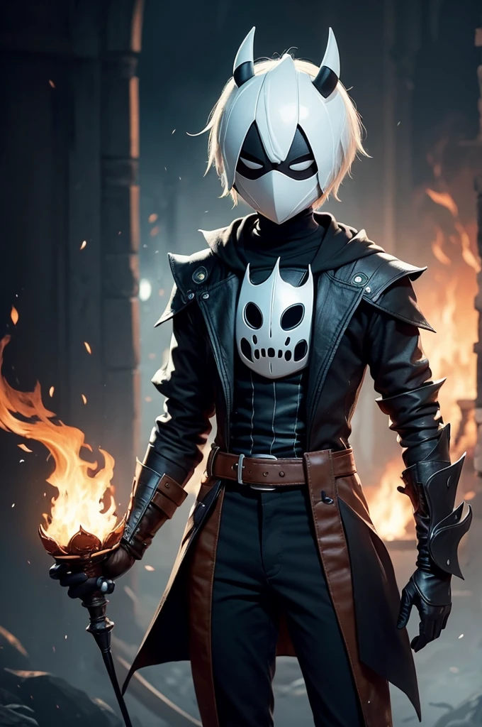 A boy with a mask similar to that of the protagonist of Hollow Knight And also with an outfit with fire details