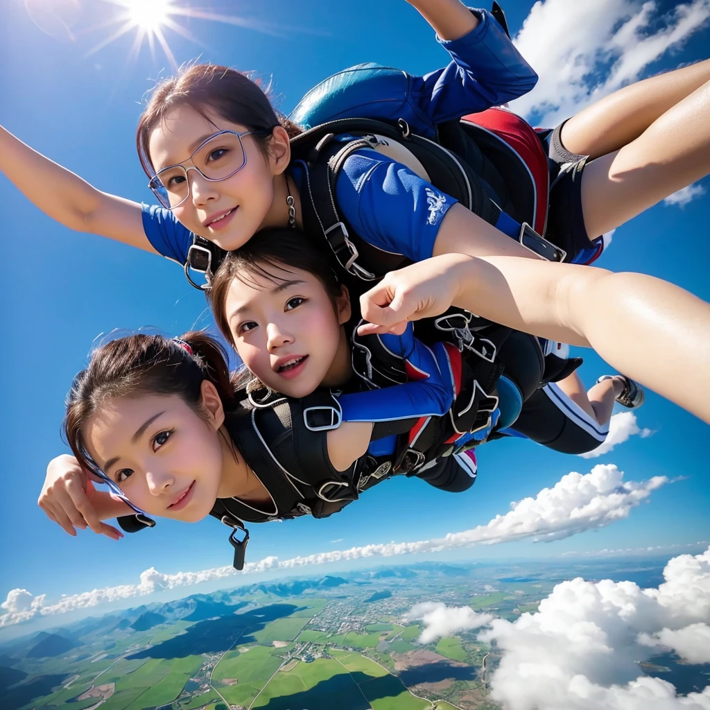 Extreme sports photography, skydiving, falling from high altitude, thrilling, nervous, happy, selfie medium shot, half body shot, old Chinese woman, sky in the background, bird's-eye view of the land, ocean, lake, high texture, realistic effect