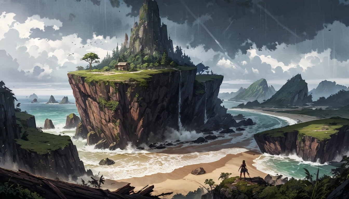 wide shot, panoramic shot, visible island, realistic photography, lara croft on mysteroius island Yamatai, shipwrecked, storm, heavy rain and wind, torn clothes, wounded, hdr, film grain, captured with the cinematic quality of a DSLR camera, with a touch of film grain adding to the sense of realism and drama, deadly mysteriuos island,