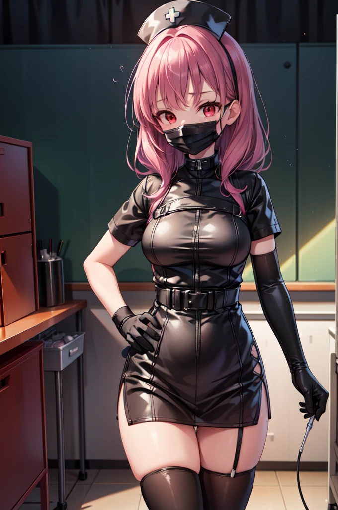 black nurse, 1woman, solo, black nurse cap, black nurse uniform, ((black legwear, zettai ryouiki)), black elbow gloves, long hair, purple hair, red eyes, ((black surgical mask, covered nose)), standing, ((surgery room)), sharp outline, short sleeves, mature female, 35 years old, best quality, masterpiece