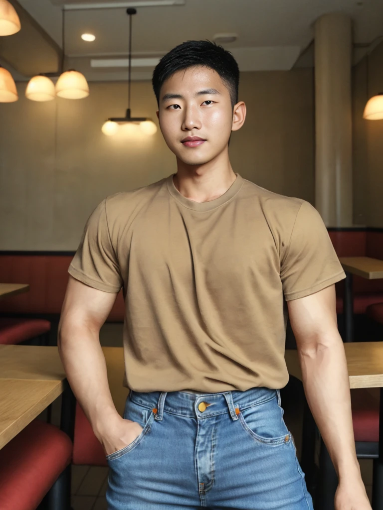 ((realistic daylight)) , Young Korean man in a simple brown t-shirt only, no pattern, denim shirt, and jeans., A handsome, muscular young Asian man looks at the camera. , in the restaurant ,turn sideways
