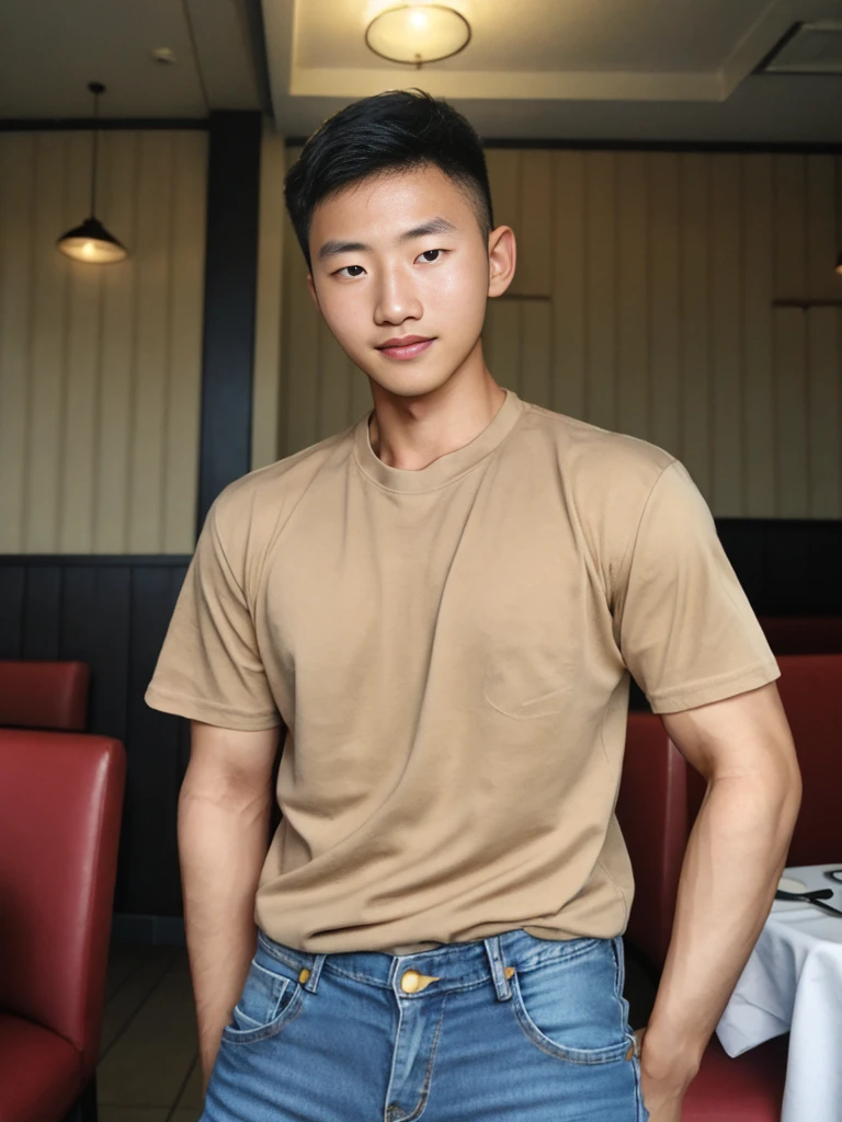 ((realistic daylight)) , Young Korean man in a simple brown t-shirt only, no pattern, denim shirt, and jeans., A handsome, muscular young Asian man looks at the camera. , in the restaurant ,turn sideways