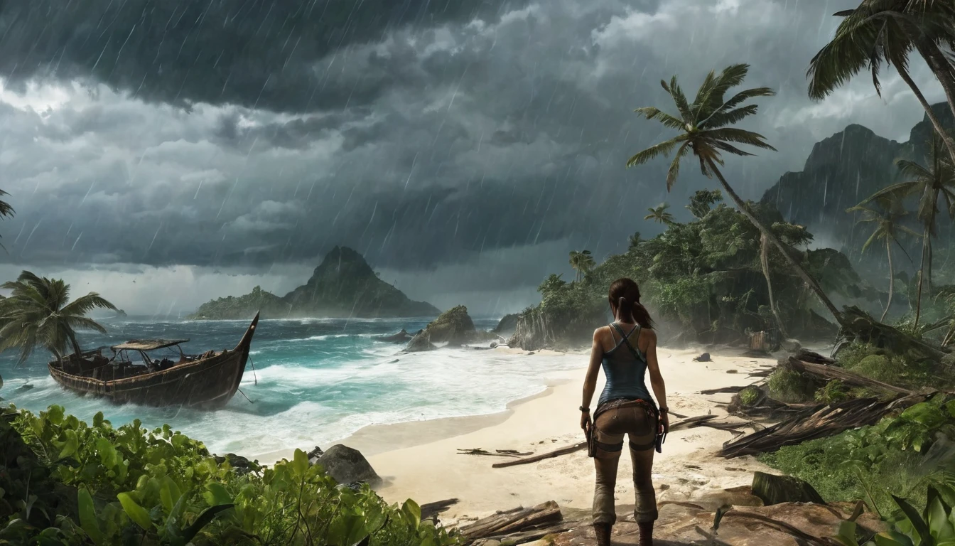 wide shot, panoramic shot, visible island, realistic photography, lara croft on mysteroius island Yamatai, shipwrecked, storm, heavy rain and wind, torn clothes, wounded,  hdr, film grain, captured with the cinematic quality of a DSLR camera, with a touch of film grain adding to the sense of realism and drama, deadly mysteriuos island, 