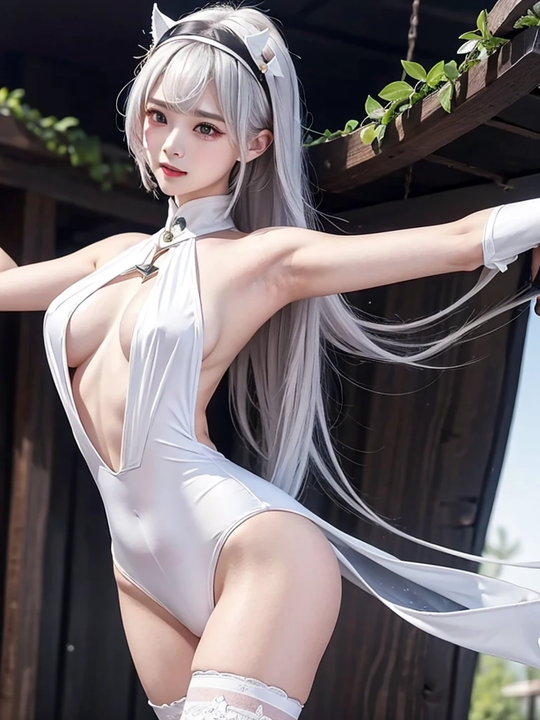 （（high quality、masterpiece、detailed、normal body、５This finger、precise、delicate））、Magical girl（（silver hair、Colored leotard armor with white as the base color、super uper high leg、transparent leotard、iron collar、torn leotard、torn leotard、Estrus、Aphrodisiac effect、Erogenous zone sensitivity 100 times、nipple erection、clitoral erection、orgasm、Pupil is heart））、Defeated heroine、The leotard is torn and there is a hole.、Stretch your arms from side to side、defeated and crucified、crucified on the cross、Crucifixion in chains、restrained by chains、open your mouth、shortness of breath、white breath、A sweet sigh、Ahe face with white eyes turned、slave collar、leash collar、strict collar、iron collar、Slave Fall、fall of pleasure、belly exposed、Dirty crest on the abdomen、The lewd crest shiney body is on fire、rotor on nipple、rotor on clitoris、Orgasm brings you to the height of happiness