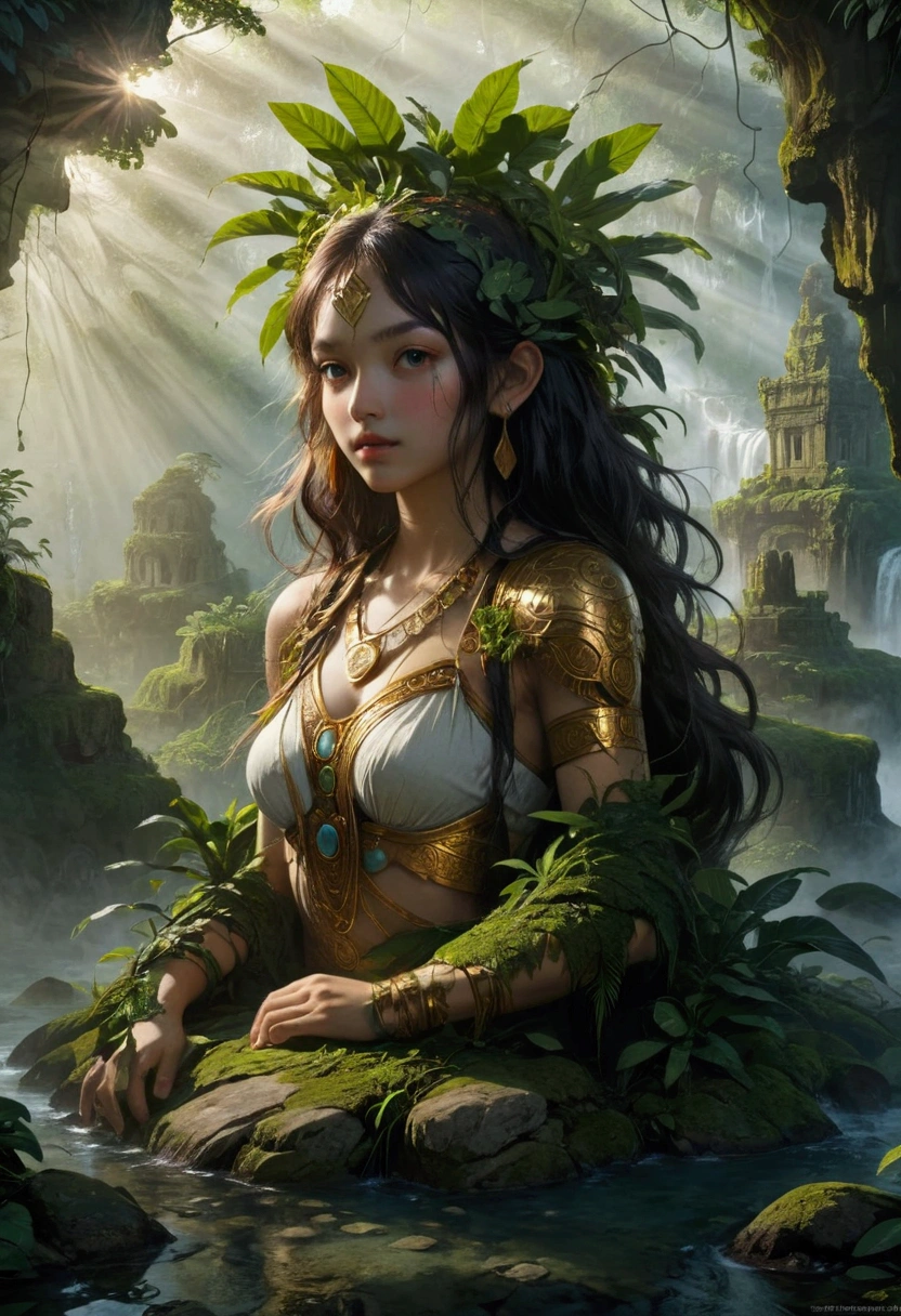 1girl, island, a mysterious island, lush tropical jungle, overgrown vegetation, winding rivers and waterfalls, ancient ruins and crumbling stone temples, sunlight filtering through the canopy, mist and fog obscuring the horizon, mysterious creatures lurking in the shadows, intricate carvings and hieroglyphics, weathered and mossy stone, golden sun rays, dramatic lighting, cinematic composition, vibrant colors, 8k, ultra-detailed, masterpiece, best quality, very aesthetic, absurdres
