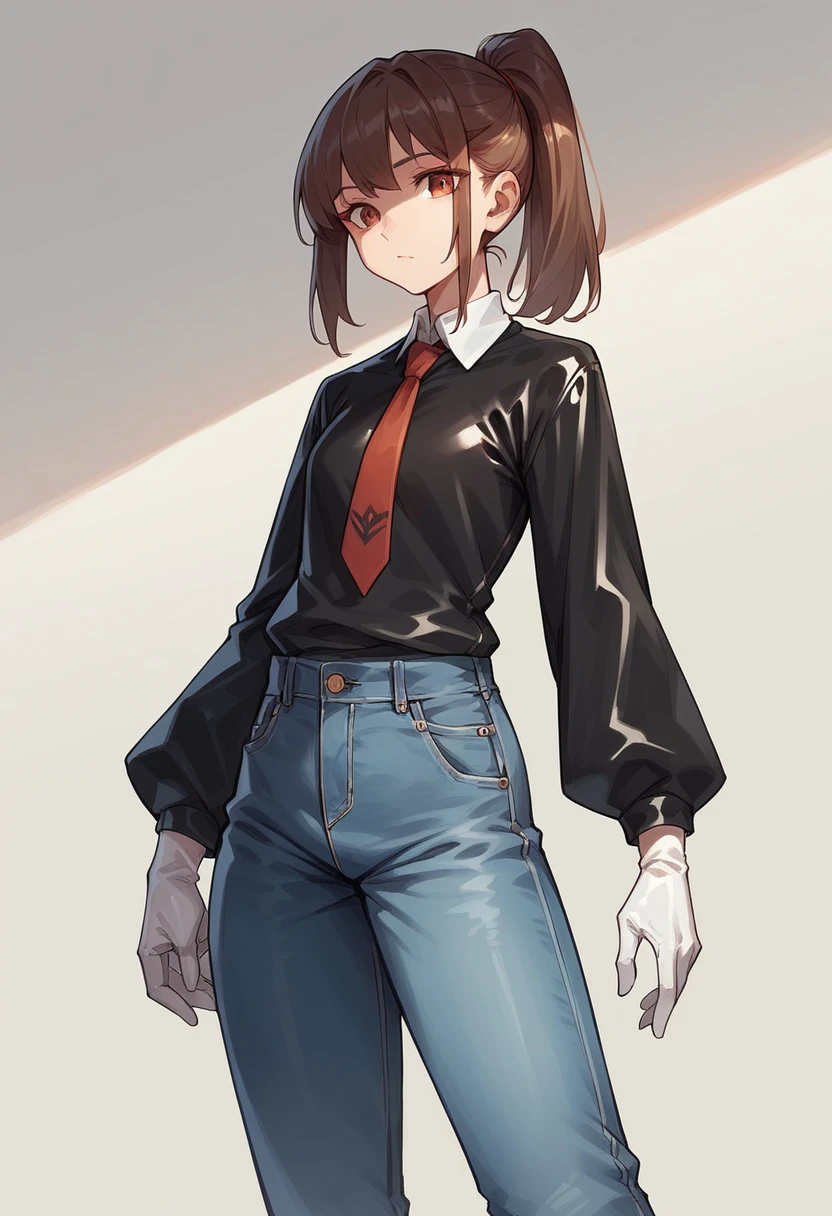 1girl, ponytail, ((white elbow gloves)), ((surgical gloves)), ((latex gloves)), (((long sleeves))), ((black oversize shirt)), ((gloves over sleeves)), ((baggy jeans)), tie, looking at viewer, standing, solo