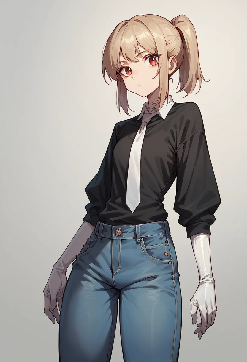 1girl, ponytail, ((white elbow gloves)), ((surgical gloves)), ((latex gloves)), (((long sleeves))), ((black oversize shirt)), ((gloves over sleeves)), ((baggy jeans)), tie, looking at viewer, standing, solo