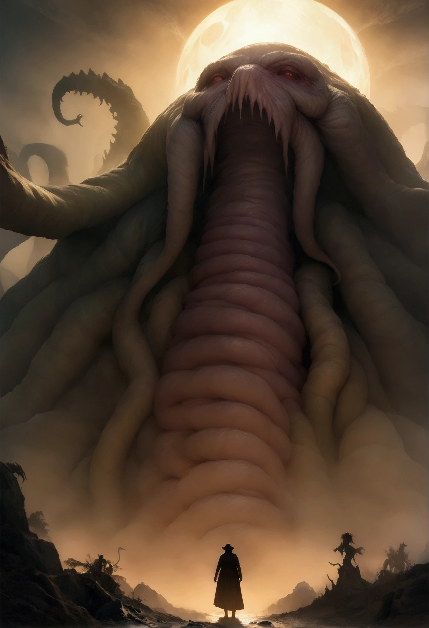 ((masterpiece, Highest quality, Best image quality, High resolution, Realistic, RAW Photos, 8k)), 携帯電話でGiant creaturesの写真を撮っている人々, Lovecraftian Background, Lovecraftian vibe, Giant Cthulhu, Giant creatures, Giant Cthulhu, Giant spiritual creature, Eldritch Being, Lovecraft's monsters, Giant tentacles, an ominous fantasy illustration, A looming creature with a long tail, Nyarlathotep, Lovecraftian Landscapes, A silhouette emerges from the backlight, View from below,