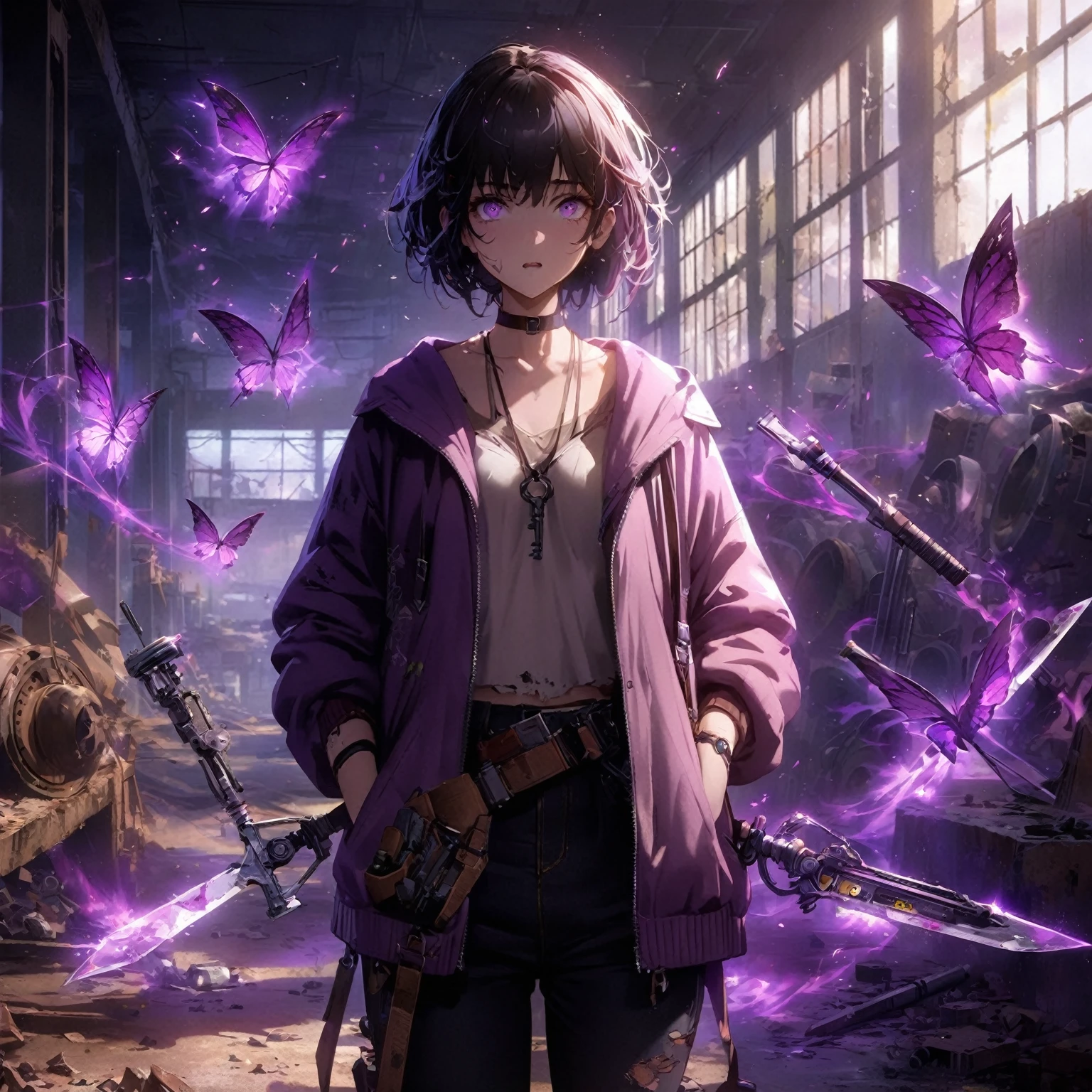 a lady Wearing a very unique casual styled outfit, purple shadows hollow surrounding her, her expression is mostly blank and neutral, with eyes slightly open and a straight mouth, weapons that are made out of purple shadow swirling in the air, more weapons made out of black and purple shadows are floating around her, in an Abandoned Warehouse Environment, A large, empty space with rusted machines, broken windows, and peeling paint, Lighting, Dim, with moonlight streaming through broken windows and flickering industrial lights, Details, Piles of debris, old tools, and machinery parts scattered around. Graffiti and faded signs on the walls, Shadows and sparks from her powers create stark contrasts, Hints her power theme and sparks to illuminate the character, (nude:0.8), detailed gorgeous face| anime style| key visual| intricate detail| highly detailed| breathtaking| vibrant| panoramic| cinematic| Carne Griffiths| Conrad Roset| gibbli 8k