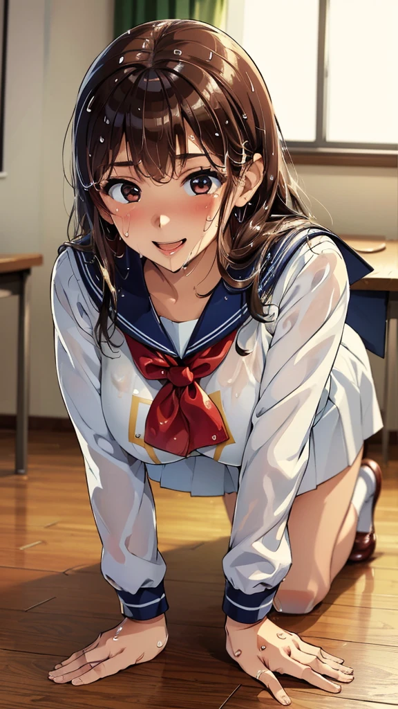 ((Sailor suit、Highest quality、Masterpiece、High resolution))、(((On all fours、Zoom Photo、semen、Bukkake、Wet body、Wet Hair)))、(smile、blush)、Big Breasts、Cleavage、In the classroom、Brown Hair