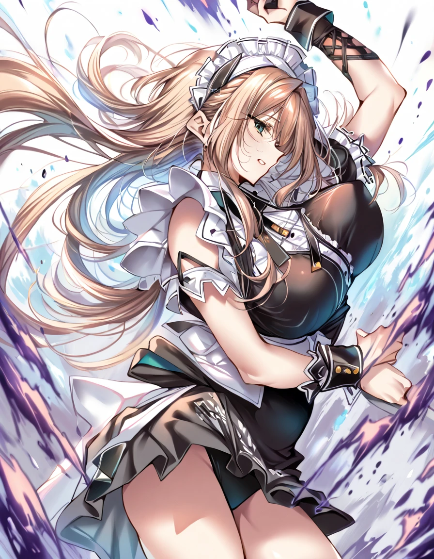 12k,(Perfect Anatomy:1.2, Highest quality),(Maid leotard details:2.0),(One girl:1.2),,Long Hair:1.5, (Short sleeve, Thighs,Maid Cufflinks),,(High heel lace-up boots:1.4), (Without skirt:3.0),Dark aura,Leotrad,,(In the fighting arena:1.2),(whole body:1.4),Provocative posture