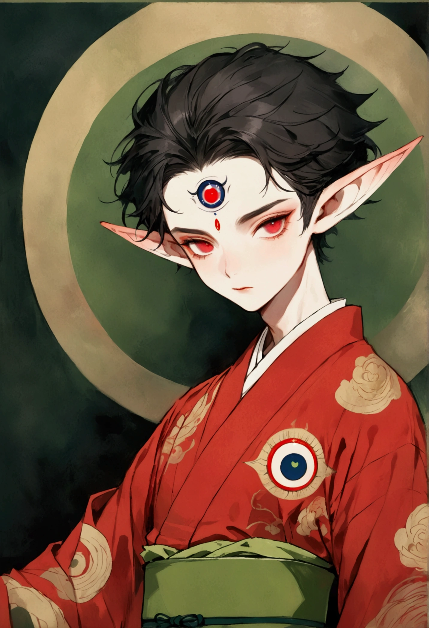 Art Illustration,Dark Style,(((1 Boy,独奏,third eye on the forehead,Elf ears))),(((Gorgeous Japanese red kimono:1.6,Eye Diagram,Dark Pattern))).(((Thin waist,Greenbelt:1.37)))whole body