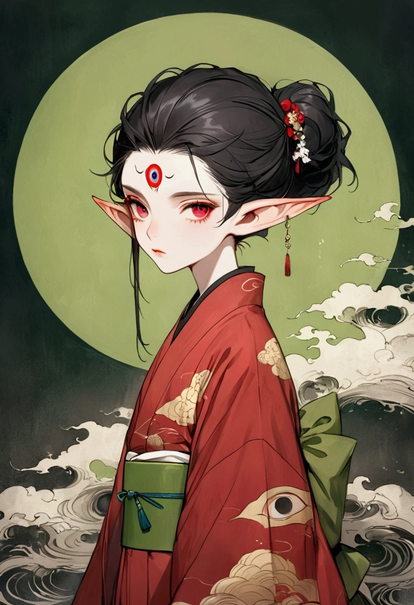 Art Illustration，Dark Style，(((1 Boy，独奏，third eye on the forehead，Elf ears))),(((Gorgeous Japanese red kimono：1.6，Eye Diagram，Dark Pattern))).(((Thin waist，Greenbelt：1.37)))whole body