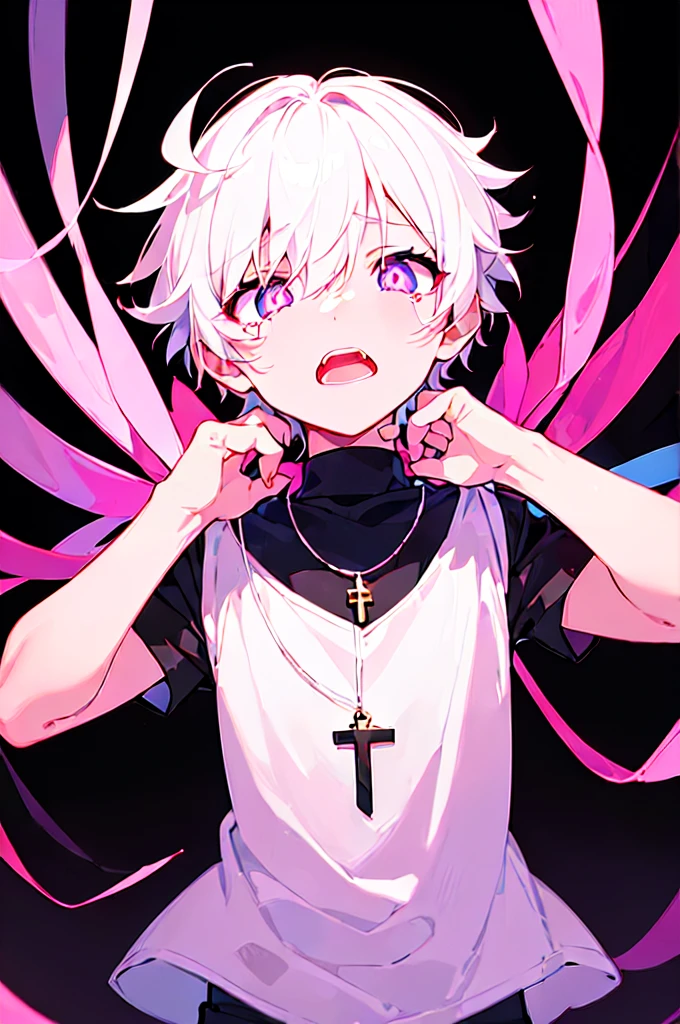 [(BLACK BACKGROUND:1.5)], ((((masterpiece)))), high quality, ((solo)), ((1 little boy)), ((white short hair)), (pink color eyes), upper body, civilian clothes white, Necklace of crosses, (Dark effect:1), anime, Dilated Pupils, crying