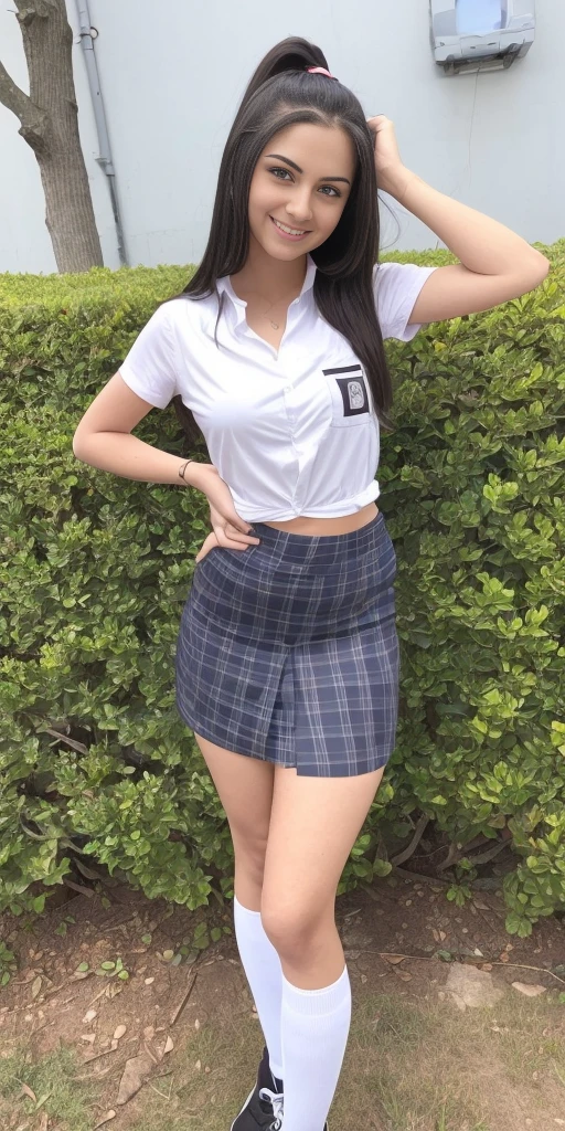 (((professional: step by step, considering even the smallest detail god level final result))): "(Masterpiece, Best Quality), solo 1girl, 22 years old, Mikasa akerman, black hair, Long hair, Ponytail, skinny, 50% big breasts, 20% White V collar crop top, 25% plaid cowboy skirt, tie, Looking at viewer, arms UP, (legs open standing:1.1), , juice, Socks, Shoes, clenched teeth, (frown, blush:1.2), blue eyes, (street:1.2), (((night sky)))", under front view, uncovered hips,