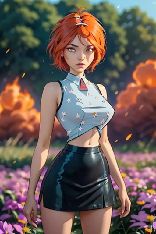 (ultra realistic,32 mil, work of art:1.2),(highly detailed skin:1.1),( high qualiy:1.1),
myrtle ,rolling eyes, red hair, Short hair, settled eyes, booties, Black Skirt, white  shirt, thicc thighs, field of flowers,(fire flowers:1.1), flowers,sunshine light, pollen, pollen particles, nblurry background,, (Huge breasted,large breasted:1.1),(looking ahead at viewer, standing,:1.1),(soft shaded neon light:1.1),