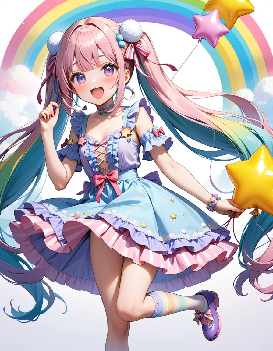 (whole body, legs and shoes visible: 1.2)) Expressive eyes, One girl, Pale skin, Long Hair, Windblown Hair, ((absurdly Long Hair)), Long Side Lock, Princess bangs, Hair bangs, Hair Bun, ((Very long twin tails)), Rainbow Hair, Light pink hair, blush, full face blush, big sparkling Pastel Purple eyes, (Gradient Eye), Laughing with your mouth open, cute pose, ((Holding a balloon : 1.3)) ((cute and pastel fashion)) ((🦄🎠🎈🎉 theme : 1.4)) A loose pastel dress, ((Dreamy multi-colored open dress)), (Floating ribbon), Lavender Frill, Pink frills, (Light blue lace), Removable short sleeves, Fluffy skirt, ((Rainbow and star printed skirt : 1.3)), Lolita Skirt, Purple ribbon, ((pom pom ribbon hair ornament : 1.4)), Multiple Bows, Striped lace stockings, (heart型のレッグガーター), cute (Pastel Purple) shoes ((Ultra-detailed clothing and fashion)) I&#39;m watching you, Vintage Girl, blush, (Beautiful attention to detail), (Highly detailed CG Unity 8k wallpaper) (Best Shadow), ((Very delicate and beautiful)), (Detailed light), ((Depth of written boundary)) Big Head, Big, bright eyes, Moe, Splash Art, Cinema Lighting, Front view, volumetric lighting maximalist photo illustration k resolution high resolution intricate detailed complex key visuals precise linear ((Dreamy pastel sky background, Surrounded by sunset clouds, shooting star, Castle above the clouds)) ((Ultra-detailed landscapes, Foggy clouds, Hung by balloons, heart : 1.3))