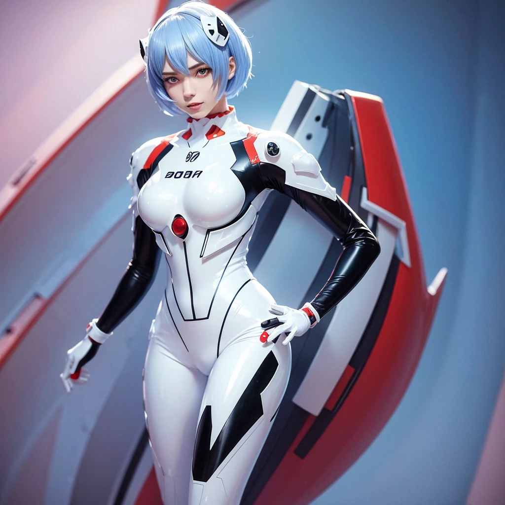 Masterpiece, highest quality, 8K, detailed skin texture, fine cloth texture, beautiful detailed face, intricate details, super detailed, portrait of Rei Ayanami, blue hair, red eyes, looking far away, no background, Evangelion Wearing a plug suit when riding, plug suit, whole body visible, standing, arms crossed, 15 years old, beautiful, cute, great style, smiling,1girl,solo