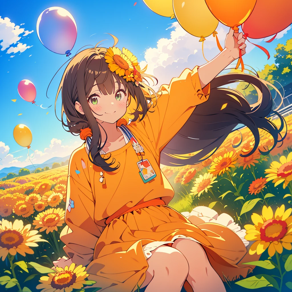 kawaii, anime, Cute, hyper quality, highly detailed, 8k, Clarity, dark brown long hair, smile, green eyes, round marigold, orange round marigold flower field, round marigold flower field, sit on a flowering hill, colorful balloons, balloons are flying in the sky, flower garden, morning dew, Shining light, particles of light, dazzling smile, Draw facial expressions in detail, Draw the eyes in detail, white casual clothes, A breeze flows, celebration, A large number of balloons fly into the sky, look up at the sky, A dynamic posture, balloon, clear blue sky, curled marigold, happy birthday, blue sky, clear sky, rainbow colored balloons, colorful balloons, release a large number of balloons into the sky, upper body, hold one's hand in the sky, marigold with closed flowers, small balloons, closed flowers, petals are closed,