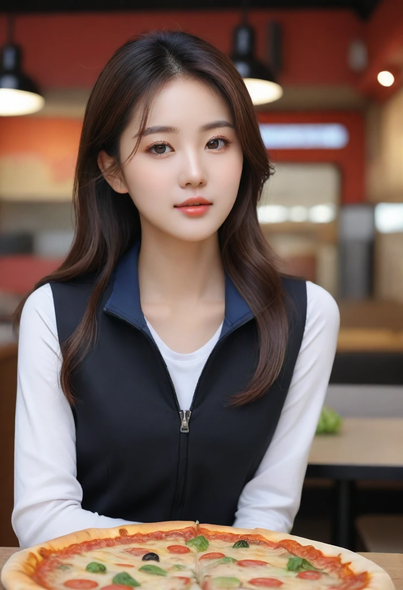 Close up of beautiful Korean woman, 34 inch chest size, tie hair, Wearing a zip-up vest, Sitting in a pizza shop, Scenery background, Ultra HD