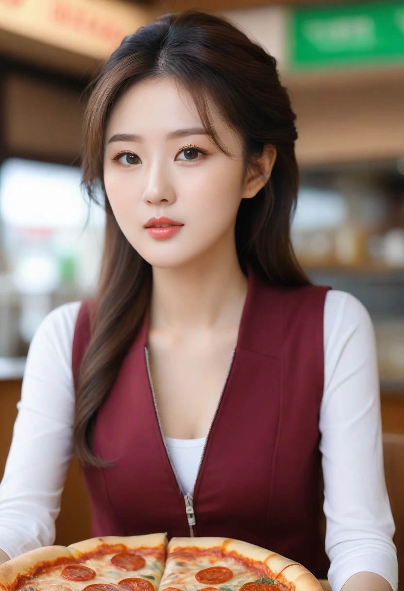 Close up of beautiful Korean woman, 34 inch chest size, tie hair, Wearing a zip-up vest, Sitting in a pizza shop, Scenery background, Ultra HD