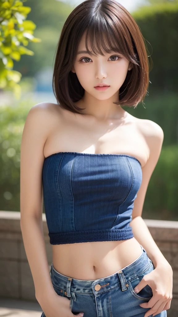 Close-up of a woman taking a photo、The most beautiful Japanese models、(8--old ale model:1.5)、(young、Round face、Kind Face:1.25)、Droopy eyes、double eyelid、(bangs、Black Hair、short hair、Straight hair)、No makeup、(Knitted Products、Tube top:1.5)、(Super cute idol face:1.4)、(Slim Beauty、length, Thin neck、Narrow shoulders、Small shoulders、Thin arms、Thin belly、delicate)、(belly button、おbelly button)、Waistline、sexy、Beautiful breasts、Shining Breasts、Cleavage、(Jeans Material((extremely small))Chopin:1.5)、Face Focus、Looking into the camera、hot gaze、(RAW Photos、Highest quality、masterpiece、Ultra-high resolution、Ultra-high resolution、8k、Genuine)、Pose with wriggling hips、((Bend your waist))、Field、Good weather、Daytime、nature、