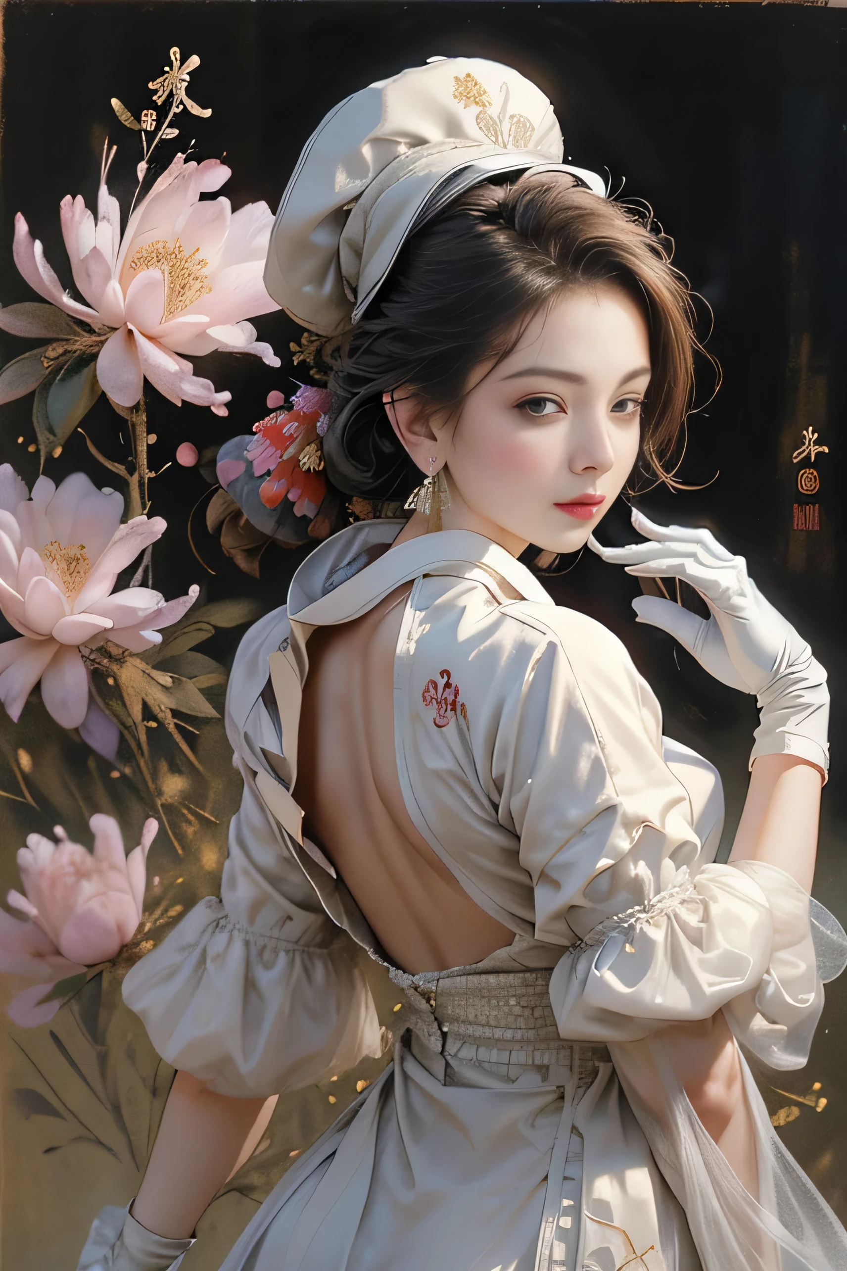 (tmasterpiece,quality,Best quality,offcial art,Beauty and aesthetics:1.2), 1 Lady, nurses, tightsuit, nurses Cap, White sanitary ware, ((Below is the white one, absolute chance)), Tight gloves, whitegloves, ssmile, everlasting, Watch from behind, looking back over shoulder at viewer, Clear silhouette, short- sleeved, A mature woman, 35yo, middlebreast, Transcendent, lacivious pose, The are visible,Very meticulous,(s fractal art:1.1),(One color:1.1)(flowers in full bloom:1.3),Most detailed,( tangled:1.2), (lacivious pose), (abstract backgrounds:1.3), (Traditional Chinese fabrics:1.2), (Skin glows), (Lots of colors:1.4), ,(ear nipple ring:1.4),(Decorative painting:1.6,), lamplight,Ink painting and waterconk,water ink,