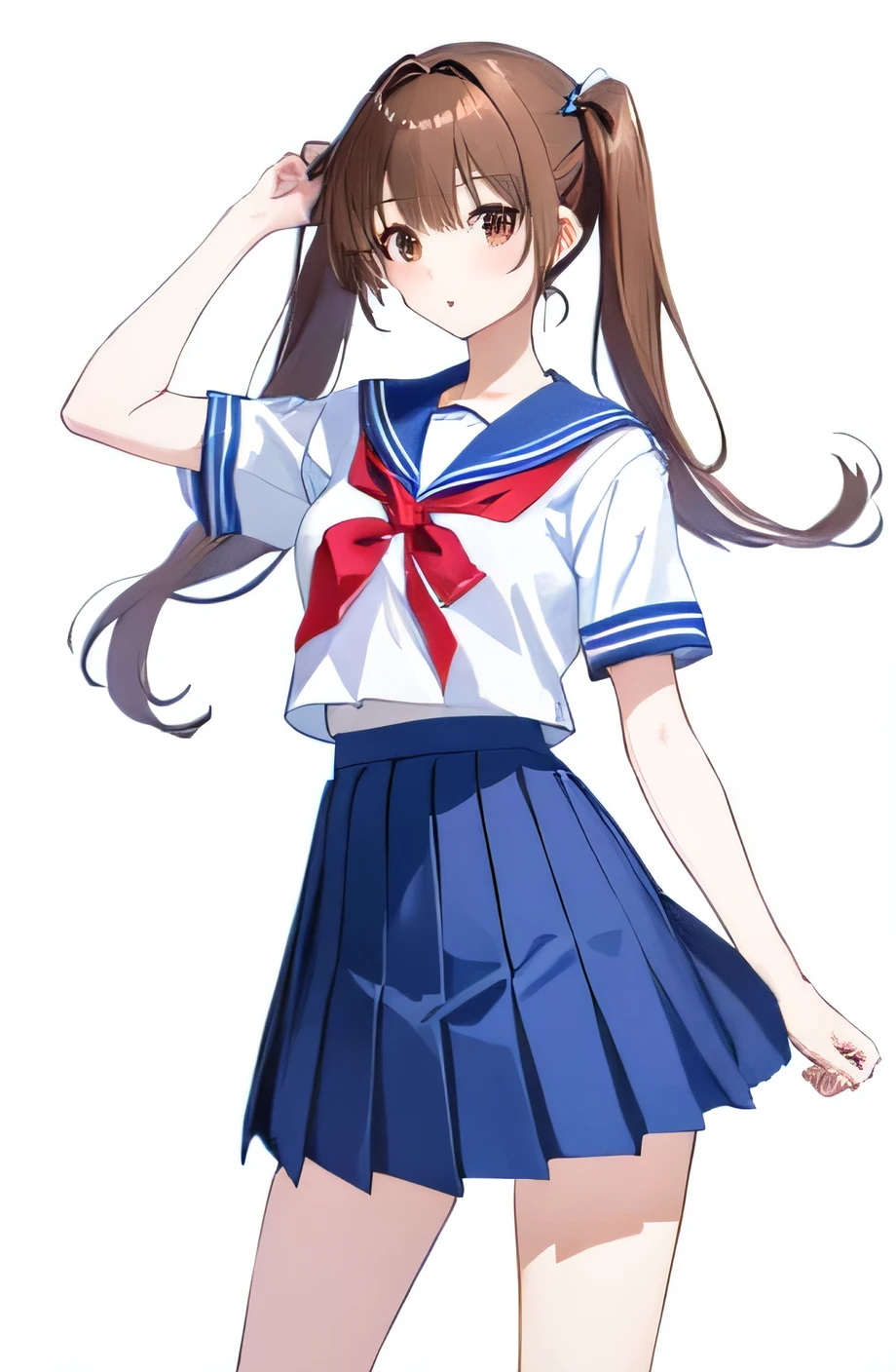 ((Highest quality)), ((masterpiece)), (detailed), ((One Girl))、(middle School girls)、((A photo showing your thighs to the top of your head))、(Standing straight, facing the camera)、School uniforms、Sailor suit、Pleated skirt、Brown Hair、Brown eyes、Twin tail hair、Young face、low length、Slender figure、Small breasts、White background