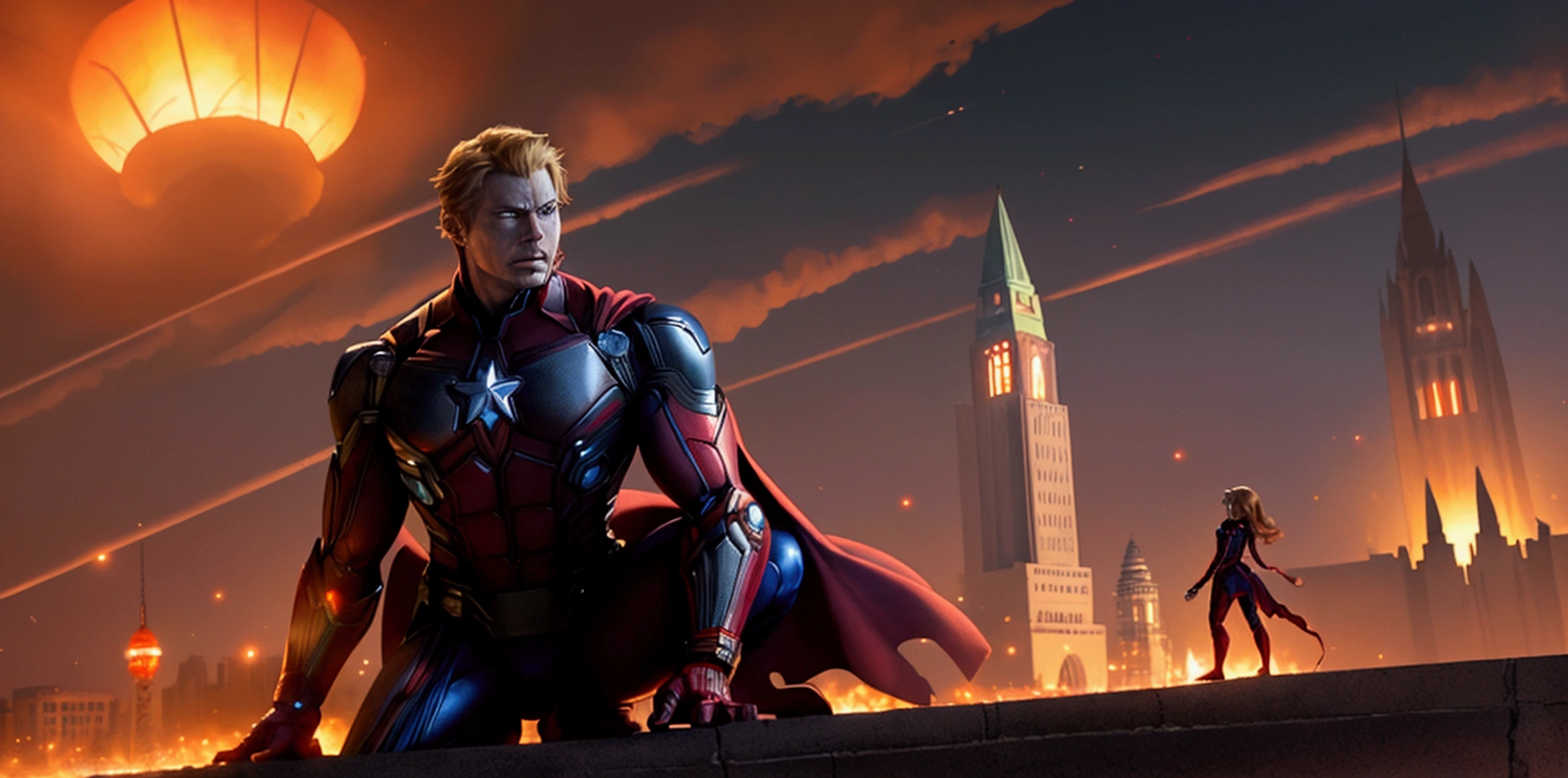 非常detailed,Superhero Waghting Stance,Captain America,Captain Marvel,Iron Man,Thor,Doctor Strange,Ant-Man,Groot,Rocket Raccoon,Spider-Man,Black Panther,Black Widow,Hawkeye,the hulk,Scarlet Witch,Attack each other,Intricate details,There are other superheroes in the distance,The collapsed Grand Plaza,The flames of war,(Perfect lighting, Perfect Shadow, detailed, complex, Reality:1.35),photorealistic