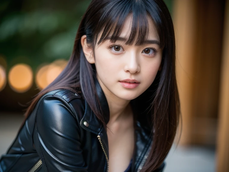 You are a professional photographer。masterpiece、８K、Highest quality, Soft Light, Ultra-high resolution, (Realistic:1.4), RAW Photos,24 years old Japanese girl, alone, cute, bangs、(pupil, Light in your eyes),  Beautiful face in every detail, (Small box),(High resolution detail of human skin texture),Cleavage
、Biker、Wear a rider's jacket、Accurate background、（Leaning on the bike）、wear a tight miniskirt、Claim your legs、Knee-high boots
、(Portraiture)
