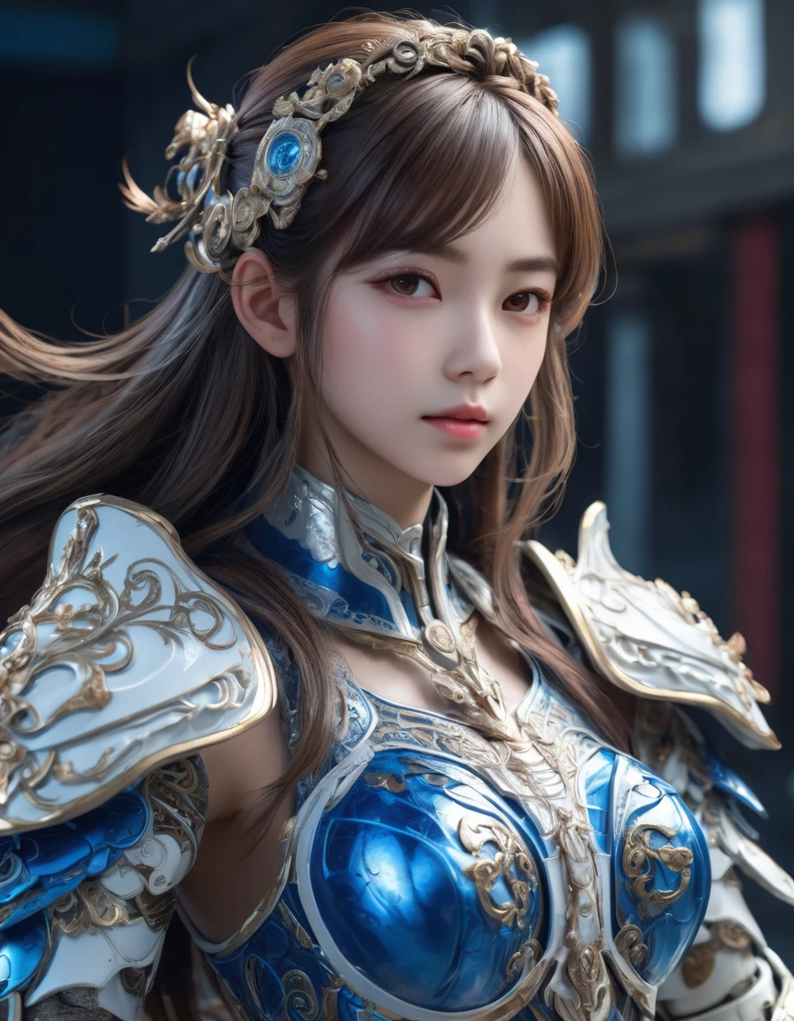 front_View, masterpiece, Highest quality, Realistic, RAW Photos, (1 personの女の子, looking at Viewer), Long Hair, Mechanical White Armor, Elaborate armor, Delicate blue filigree, Intricate workmanship, Red Metal Parts, Details, Dynamic pose, Detailed Background, Dynamic Lighting,1 person