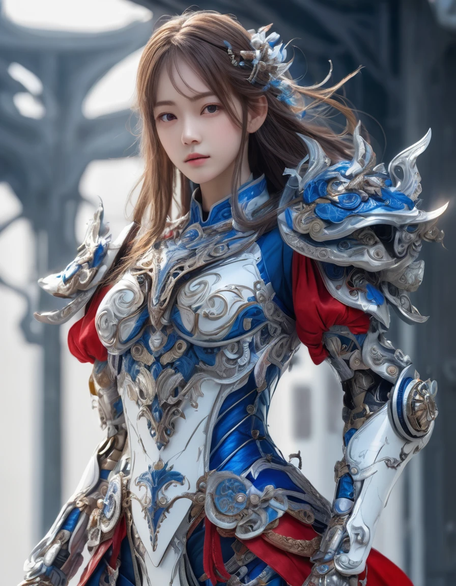 front_View, masterpiece, Highest quality, Realistic, RAW Photos, (1 personの女の子, looking at Viewer), Long Hair, Mechanical White Armor, Elaborate armor, Delicate blue filigree, Intricate workmanship, Red Metal Parts, Details, Dynamic pose, Detailed Background, Dynamic Lighting,1 person