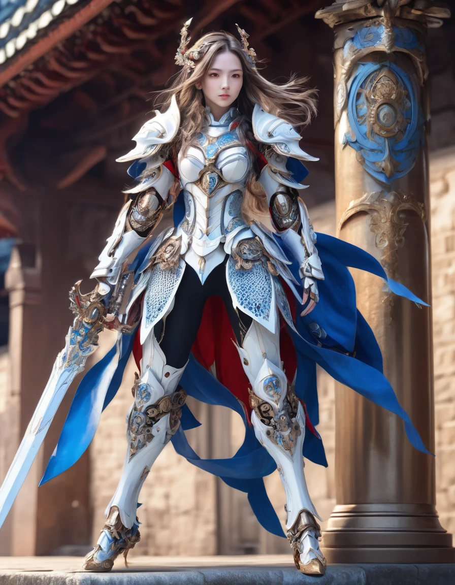 front_View, masterpiece, Highest quality, Realistic, RAW Photos, (1 personの***, looking at Viewer), Long Hair, Mechanical White Armor, Elaborate armor, Delicate blue filigree, Intricate workmanship, Red Metal Parts, Details, Dynamic pose, Detailed Background, Dynamic Lighting,1 person