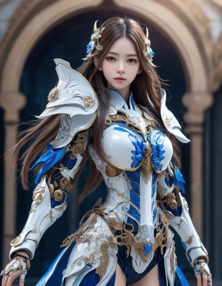 front_View, masterpiece, Highest quality, Realistic, RAW Photos, (1 personの女の子, looking at Viewer), Long Hair, Mechanical White Armor, Elaborate armor, Delicate blue filigree, Intricate workmanship, Red Metal Parts, Details, Dynamic pose, Detailed Background, Dynamic Lighting,1 person