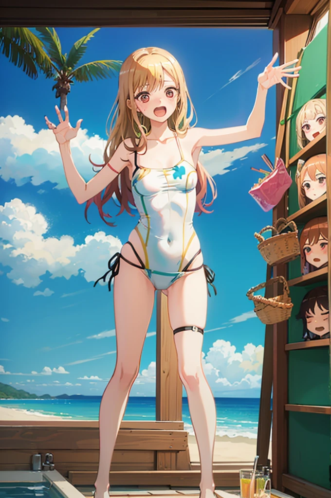 Random patterned swimsuit、Random Swimsuit、Swimsuits in random colors、Random pose、、Acme Face、Random pose、, Pale red eyes、Semi-long hair、Chestnut Hair、Sandy Beach、、、nsfw、Highest quality、1 girl、solo、Ocean、Sexy pose、Random pose、Blushing、wet、Embarrassed、I can see half of my 、、One Piece Swimwear、(Strap slip:1.3)、Swimsuits in random colors、Swimwear