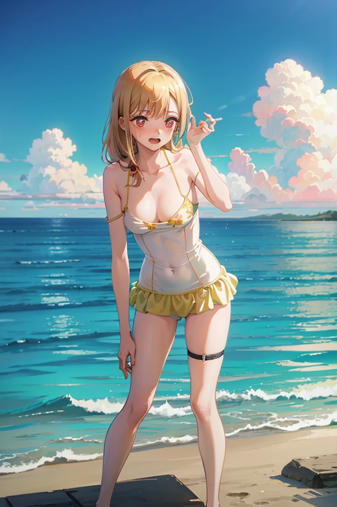 Random patterned swimsuit、Random Swimsuit、Swimsuits in random colors、Random pose、、Acme Face、Random pose、, Pale red eyes、Semi-long hair、Chestnut Hair、Sandy Beach、、、nsfw、Highest quality、1 girl、solo、Ocean、Sexy pose、Random pose、Blushing、wet、Embarrassed、I can see half of my 、、One Piece Swimwear、(Strap slip:1.3)、Swimsuits in random colors、Swimwear