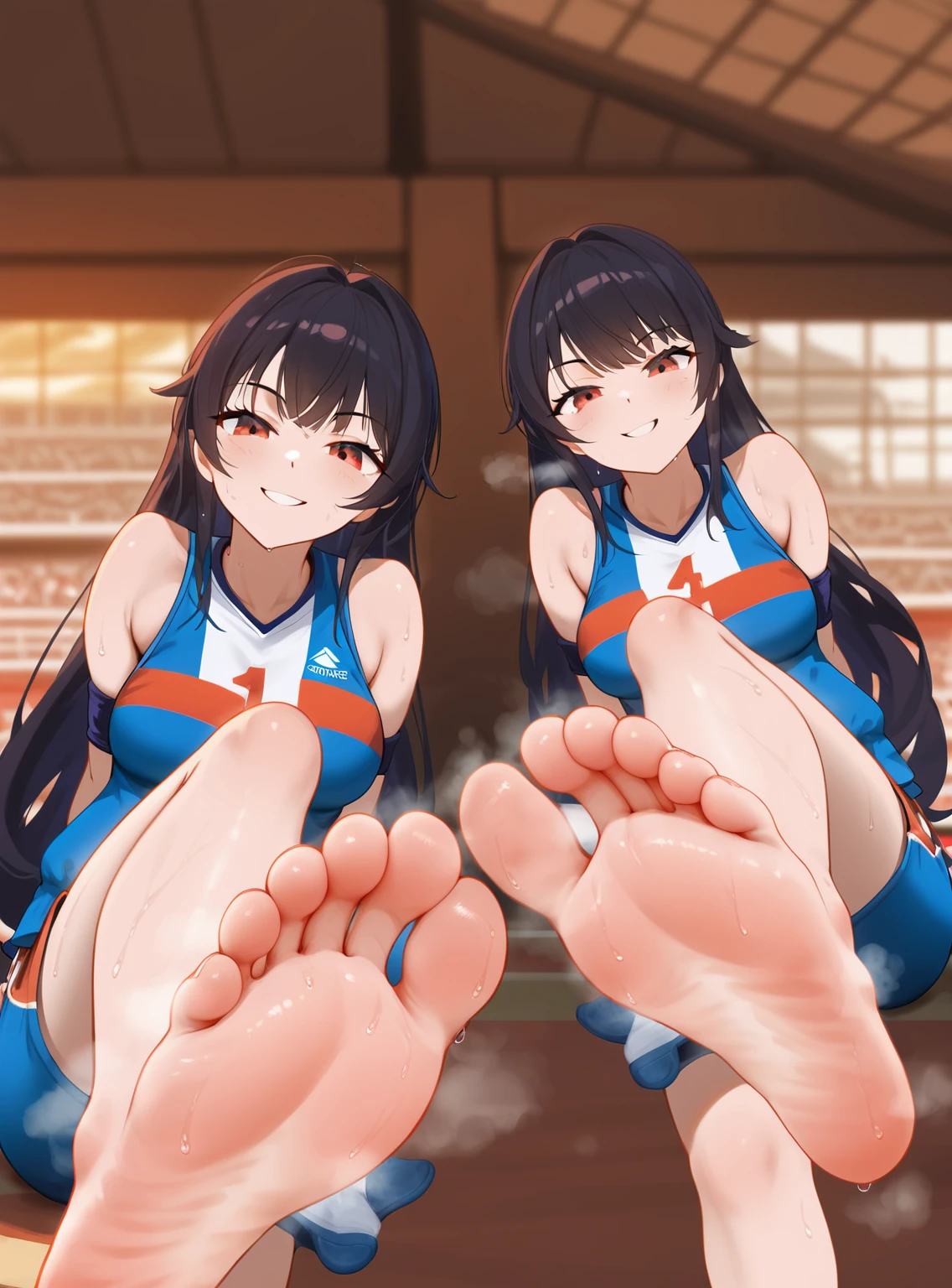 wallpaper,hoodie,The background is in the room, Long hair,best quality, Very detailed, masterpiece, Extremely detailed, illustration, Sky,Foot Focus, giggle, barefoot,Steam around feet,脚底Sweating,Water dripping from the soles of feet,Sweating,Pink Eyes,Sweatshirt,Brown hair,There is a cute five-pointed star hairpin in the hair,Good feet,Nice looking feet,delicate foot,There is a pair of sneakers on the ground on the right side of the screen,Steam around shoes
