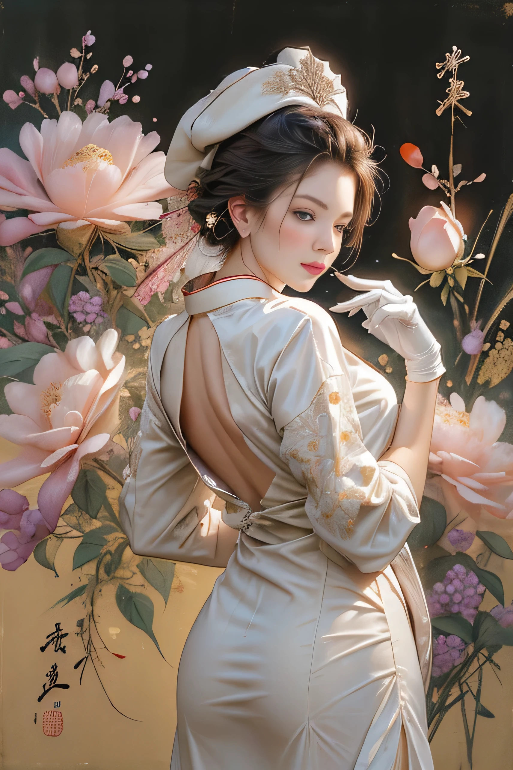 (tmasterpiece,quality,Best quality,offcial art,Beauty and aesthetics:1.2), 1 Lady, nurses, tightsuit, nurses Cap, White sanitary ware, ((Below is the white one, absolute chance)), Tight gloves, whitegloves, ssmile, everlasting, Watch from behind, looking back over shoulder at viewer, Clear silhouette, short- sleeved, A mature woman, 35yo, middlebreast, Transcendent, lacivious pose, The are visible,Very meticulous,(s fractal art:1.1),(One color:1.1)(flowers in full bloom:1.3),Most detailed,( tangled:1.2), (lacivious pose), (abstract backgrounds:1.3), (Traditional Chinese fabrics:1.2), (Skin glows), (Lots of colors:1.4), ,(ear nipple ring:1.4),(Decorative painting:1.6,), lamplight,Ink painting and waterconk,water ink,