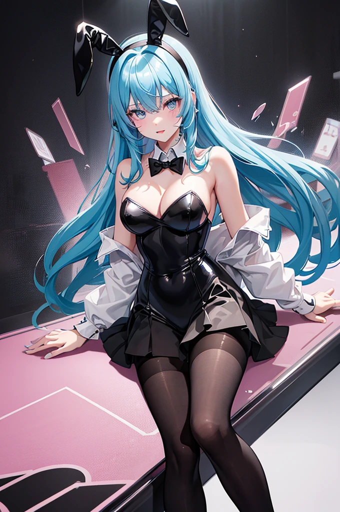 high quality,best quality,masterpiece,4k,8k,(((black bunny girl costume girl))),black bunnygirl suit,high leg costume,groin covered with black pantyhose,show off groin covered with black pantyhose,costume with white collar,eighteen years old girl,great figure,large breasts,blight pink bowtie,looking at viewer,light blue hair,pale pink inner hair color,length to shoulder twin tail hairstyle,black bunny ear headband,((all legs coverd with black pantyhose)),pink water drop sticker under left eye,tongue out a little,dark blue eyes,pink highlight in eyes,"background:girl at casino,lying on roulette table,some casino chips on girl and table