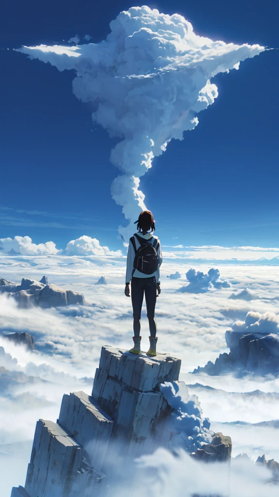 A girl standing on a mountain going above clouds, wearing a , with a blue sky and clouds background. The girl is facing away from the viewer. The image should be very detailed, with a resolution of 8k and high resolution.