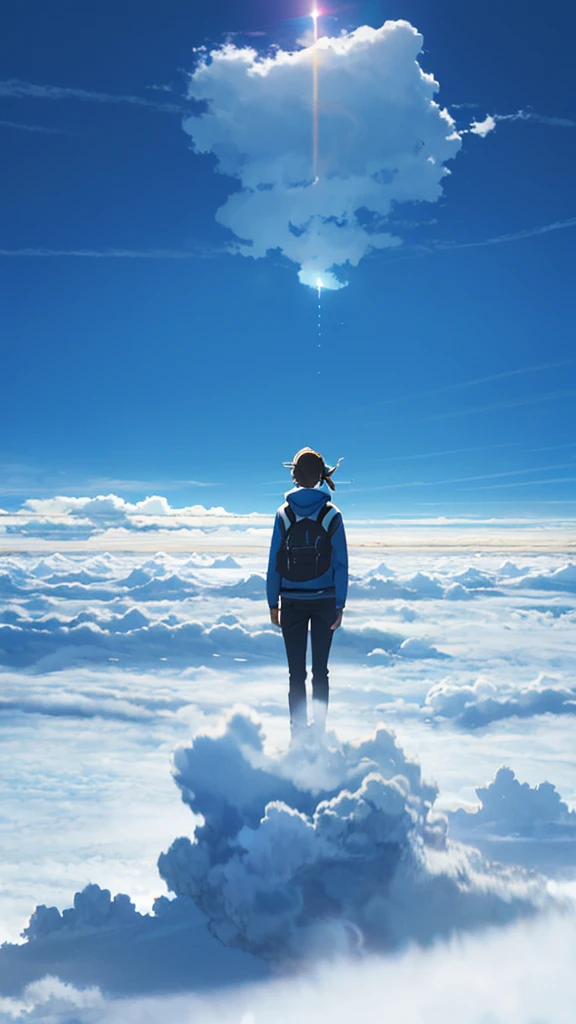 A girl standing on a mountain going above clouds, wearing a , with a blue sky and clouds background. The girl is facing away from the viewer. The image should be very detailed, with a resolution of 8k and high resolution.