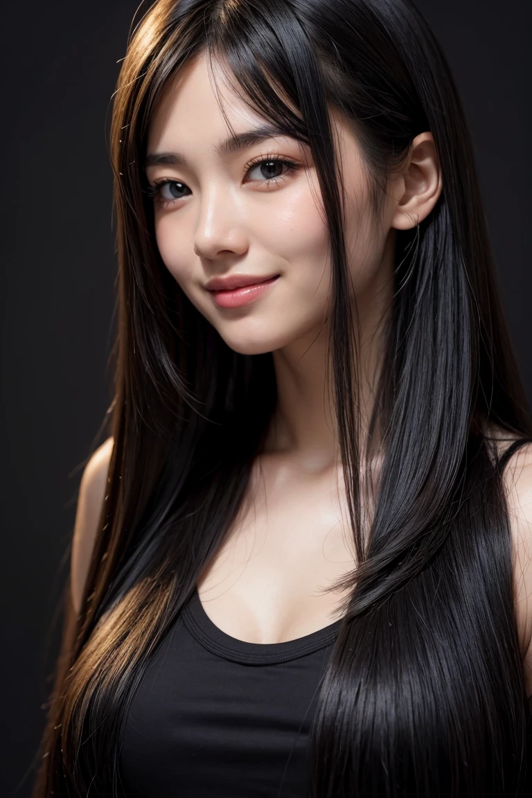masterpiece, best quality, photorealistic, raw photo, 1girl, Black Pony tail hair, Large breast, Black Muscle Shirt , light smile, detailed skin, pore, simple background, Upper-body, facing the viewer, close-up,