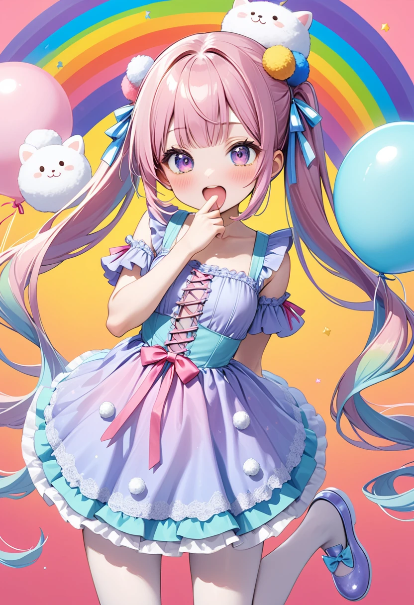 (whole body, legs and shoes visible: 1.2)) Expressive eyes, One girl, Pale skin, Long Hair, Windblown Hair, ((absurdly Long Hair)), Long Side Lock, Princess bangs, Hair bangs, Hair Bun, ((Very long twin tails)), Rainbow Hair, Light pink hair, blush, full face blush, big sparkling Pastel Purple eyes, (Gradient Eye), Laughing with your mouth open, cute pose, ((Holding a balloon : 1.3)) ((cute and pastel fashion)) ((🦄🎠🎈🎉 theme : 1.4)) A loose pastel dress, ((Dreamy multi-colored open dress)), (Floating ribbon), Lavender Frill, Pink frills, (Light blue lace), Removable short sleeves, Fluffy skirt, ((Rainbow and star printed skirt : 1.3)), Lolita Skirt, Purple ribbon, ((pom pom ribbon hair ornament : 1.4)), Multiple Bows, Striped lace stockings, (heart型のレッグガーター), cute (Pastel Purple) shoes ((Ultra-detailed clothing and fashion)) I&#39;m watching you, Vintage Girl, blush, (Beautiful attention to detail), (Highly detailed CG Unity 8k wallpaper) (Best Shadow), ((Very delicate and beautiful)), (Detailed light), ((Depth of written boundary)) Big Head, Big, bright eyes, Moe, Splash Art, Cinema Lighting, Front view, volumetric lighting maximalist photo illustration k resolution high resolution intricate detailed complex key visuals precise linear ((Dreamy pastel sky background, Surrounded by sunset clouds, shooting star, Castle above the clouds)) ((Ultra-detailed landscapes, Foggy clouds, Hung by balloons, heart : 1.3))