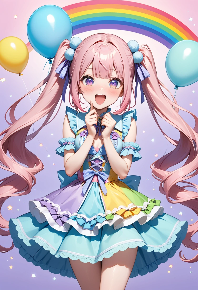 (whole body, legs and shoes visible: 1.2)) Expressive eyes, One girl, Pale skin, Long Hair, Windblown Hair, ((absurdly Long Hair)), Long Side Lock, Princess bangs, Hair bangs, Hair Bun, ((Very long twin tails)), Rainbow Hair, Light pink hair, blush, full face blush, big sparkling Pastel Purple eyes, (Gradient Eye), Laughing with your mouth open, cute pose, ((Holding a balloon : 1.3)) ((cute and pastel fashion)) ((🦄🎠🎈🎉 theme : 1.4)) A loose pastel dress, ((Dreamy multi-colored open dress)), (Floating ribbon), Lavender Frill, Pink frills, (Light blue lace), Removable short sleeves, Fluffy skirt, ((Rainbow and star printed skirt : 1.3)), Lolita Skirt, Purple ribbon, ((pom pom ribbon hair ornament : 1.4)), Multiple Bows, Striped lace stockings, (heart型のレッグガーター), cute (Pastel Purple) shoes ((Ultra-detailed clothing and fashion)) I'm watching you, Vintage Girl, blush, (Beautiful attention to detail), (Highly detailed CG Unity 8k wallpaper) (Best Shadow), ((Very delicate and beautiful)), (Detailed light), ((Depth of written boundary)) Big Head, Big, bright eyes, Moe, Splash Art, Cinema Lighting, Front view, volumetric lighting maximalist photo illustration k resolution high resolution intricate detailed complex key visuals precise linear ((Dreamy pastel sky background, Surrounded by sunset clouds, shooting star, Castle above the clouds)) ((Ultra-detailed landscapes, Foggy clouds, Hung by balloons, heart : 1.3))