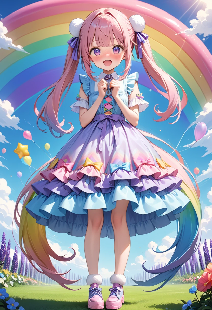 (whole body, legs and shoes visible: 1.2)) Expressive eyes, One girl, Pale skin, Long Hair, Windblown Hair, ((absurdly Long Hair)), Long Side Lock, Princess bangs, Hair bangs, Hair Bun, ((Very long twin tails)), Rainbow Hair, Light pink hair, blush, full face blush, big sparkling Pastel Purple eyes, (Gradient Eye), Laughing with your mouth open, cute pose, ((Holding a balloon : 1.3)) ((cute and pastel fashion)) ((🦄🎠🎈🎉 theme : 1.4)) A loose pastel dress, ((Dreamy multi-colored open dress)), (Floating ribbon), Lavender Frill, Pink frills, (Light blue lace), Removable short sleeves, Fluffy skirt, ((Rainbow and star printed skirt : 1.3)), ta Skirt, Purple ribbon, ((pom pom ribbon hair ornament : 1.4)), Multiple Bows, Striped lace stockings, (heart型のレッグガーター), cute (Pastel Purple) shoes ((Ultra-detailed clothing and fashion)) I'm watching you, Vintage Girl, blush, (Beautiful attention to detail), (Highly detailed CG Unity 8k wallpaper) (Best Shadow), ((Very delicate and beautiful)), (Detailed light), ((Depth of written boundary)) Big Head, Big, bright eyes, Moe, Splash Art, Cinema Lighting, Front view, volumetric lighting maximalist photo illustration k resolution high resolution intricate detailed complex key visuals precise linear ((Dreamy pastel sky background, Surrounded by sunset clouds, shooting star, Castle above the clouds)) ((Ultra-detailed landscapes, Foggy clouds, Hung by balloons, heart : 1.3))