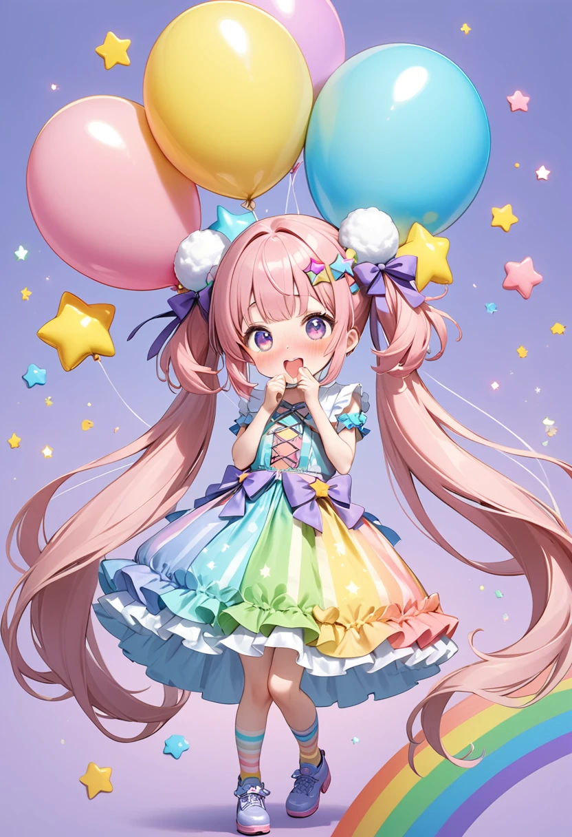 (whole body, legs and shoes visible: 1.2)) Expressive eyes, One girl, Pale skin, Long Hair, Windblown Hair, ((absurdly Long Hair)), Long Side Lock, Princess bangs, Hair bangs, Hair Bun, ((Very long twin tails)), Rainbow Hair, Light pink hair, blush, full face blush, big sparkling Pastel Purple eyes, (Gradient Eye), Laughing with your mouth open, cute pose, ((Holding a balloon : 1.3)) ((cute and pastel fashion)) ((🦄🎠🎈🎉 theme : 1.4)) A loose pastel dress, ((Dreamy multi-colored open dress)), (Floating ribbon), Lavender Frill, Pink frills, (Light blue lace), Removable short sleeves, Fluffy skirt, ((Rainbow and star printed skirt : 1.3)), Lolita Skirt, Purple ribbon, ((pom pom ribbon hair ornament : 1.4)), Multiple Bows, Striped lace stockings, (heart型のレッグガーター), cute (Pastel Purple) shoes ((Ultra-detailed clothing and fashion)) I'm watching you, Vintage Girl, blush, (Beautiful attention to detail), (Highly detailed CG Unity 8k wallpaper) (Best Shadow), ((Very delicate and beautiful)), (Detailed light), ((Depth of written boundary)) Big Head, Big, bright eyes, Moe, Splash Art, Cinema Lighting, Front view, volumetric lighting maximalist photo illustration k resolution high resolution intricate detailed complex key visuals precise linear ((Dreamy pastel sky background, Surrounded by sunset clouds, shooting star, Castle above the clouds)) ((Ultra-detailed landscapes, Foggy clouds, Hung by balloons, heart : 1.3))